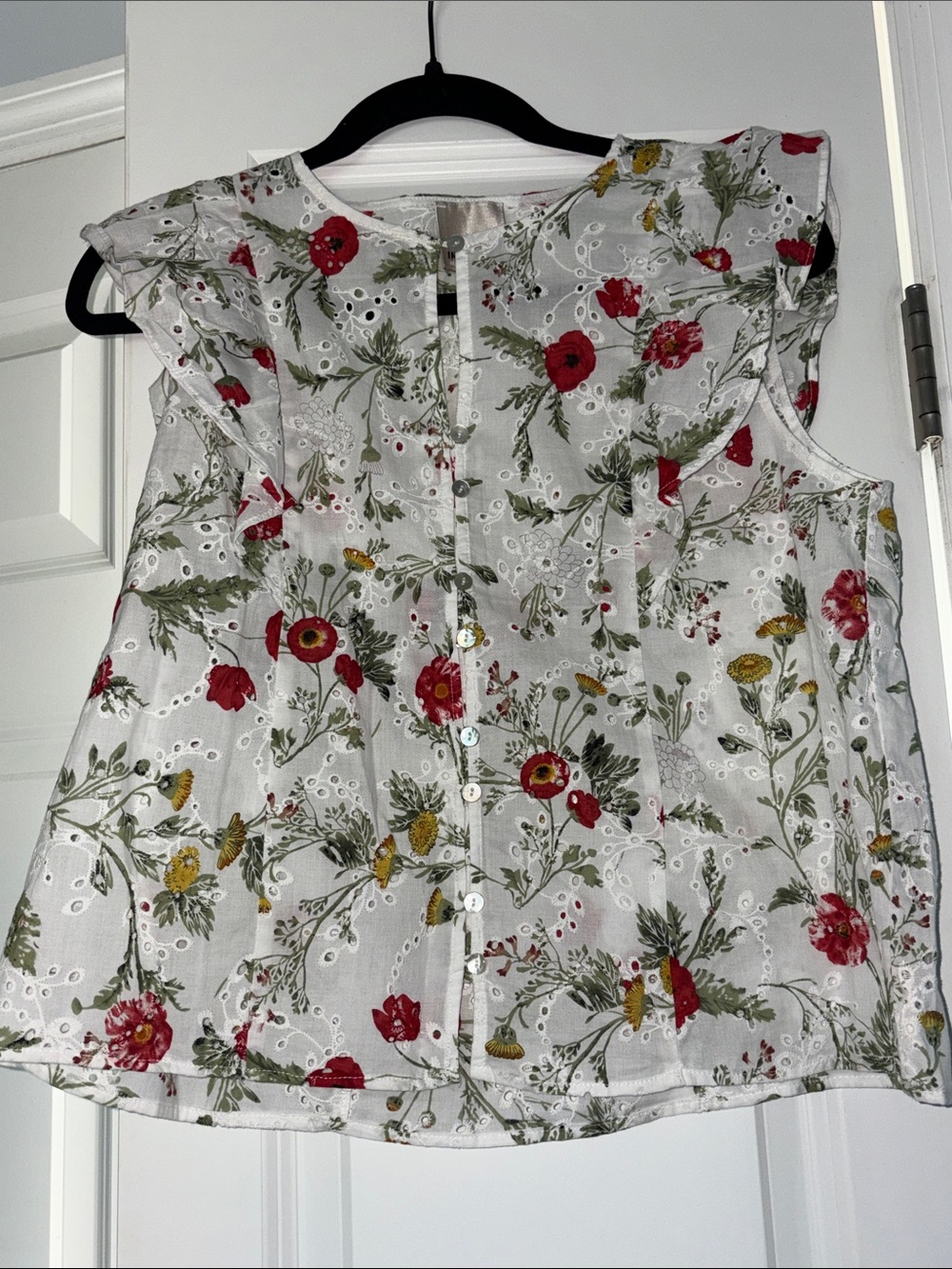 White Floral Eyelet Button-Front Shell Top with Ruffle Sleeves